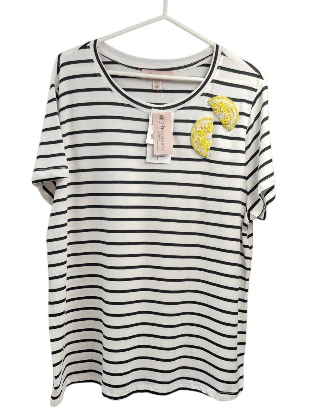 Philosophy Striped Tee Women's 2X Yellow Lemon Beaded Appliqués Black White